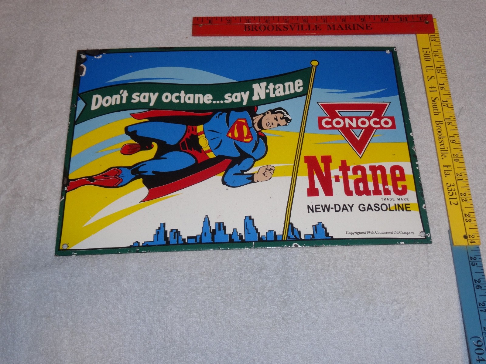VINTAGE 1946 CONOCO N-TANE SUPERMAN GASOLINE 16" PORCELAIN METAL COMIC BOOK SIGN
