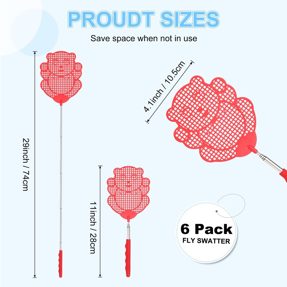 6-Pack 28~74cm Plastic Fly Swatter for Indoors [Red]