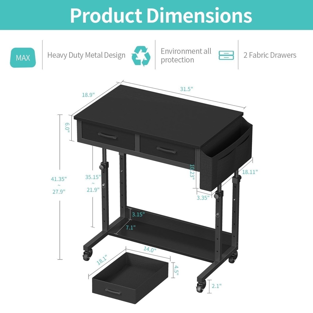 Small Portable Rolling Standing Desk - 32 Inch Adjustable Mobile Stand Up