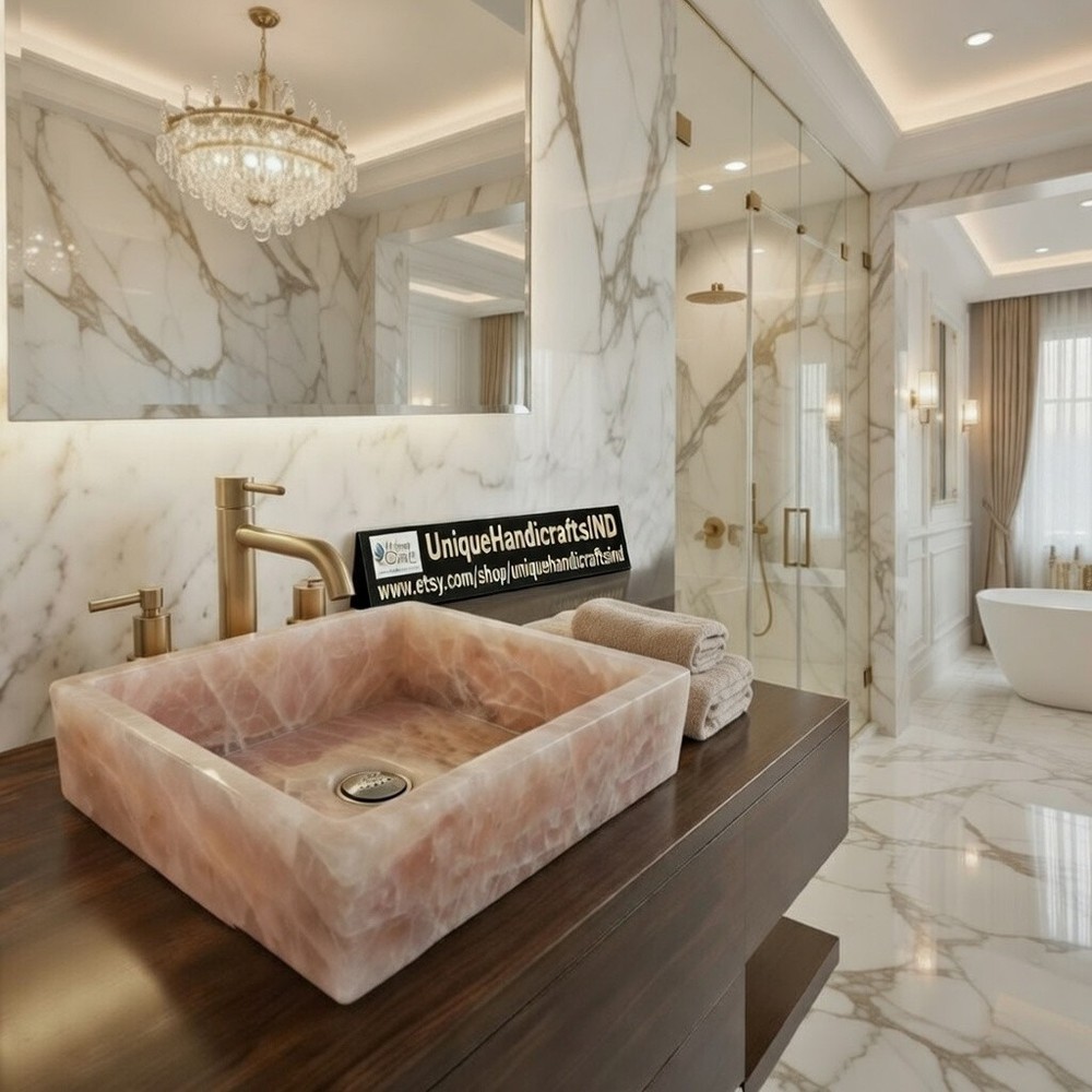Luxury Rose Quartz Rectangular Stone Sink: Boho Spa Bathroom Vanity Basin