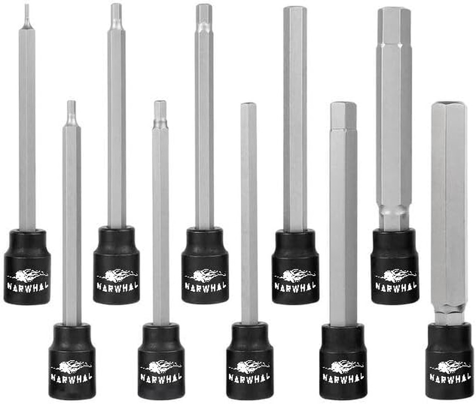 Extra Long Allen Hex Bit Socket Set (10 Pack) - Long 6" Hex Bit in 3/8" Drive S