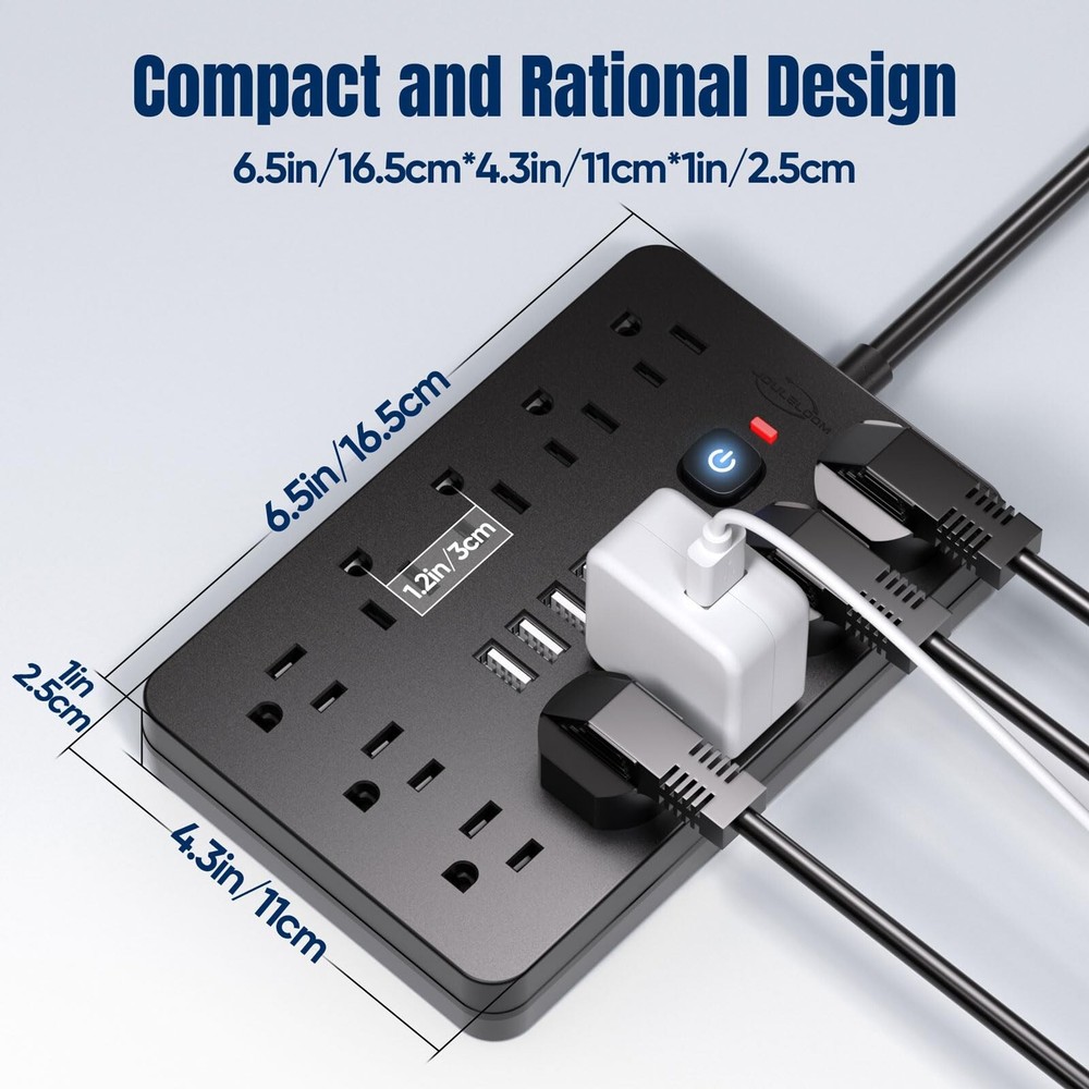6 FT Flat Plug Surge Protector Power Strip,11 Multiple AC Outlets with 6 USB ...