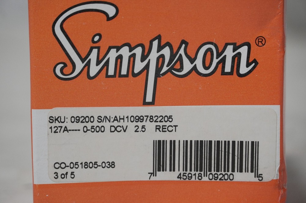 Simpson 09200 Rectangular Electric-Analog Panel Meter, 0-500VDC, 2.5in