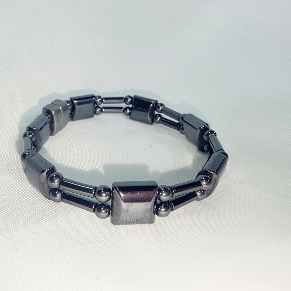 Hematite Magnetic Bracelet Double Row Square Beads 7.5”
