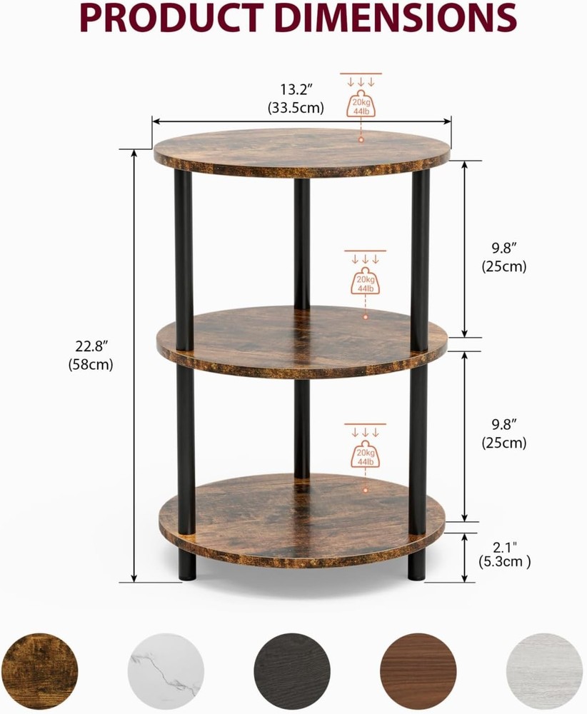 Small Round End Table 3 Tier Design Accent Table Narrow Side/Bedside Stand