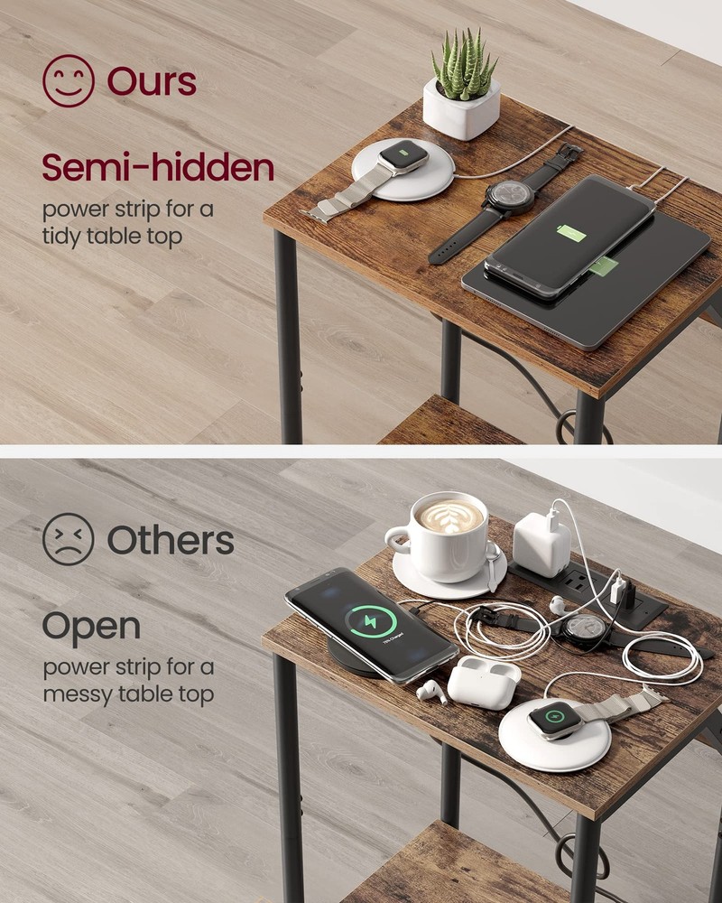 End Table Charging Station Small Side Table Nightstand USB Outlets Brown