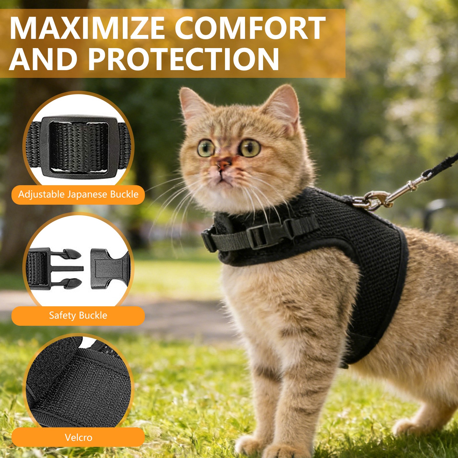Escape-Proof Pet Cat Harness & Leash Set, Adjustable Reflective Mesh Vest
