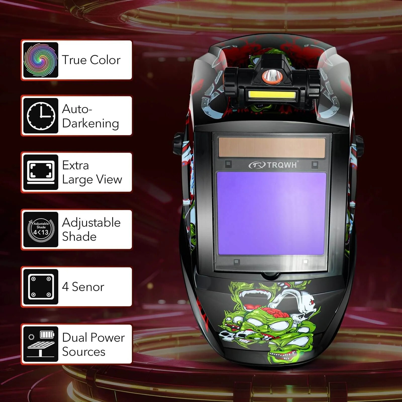 TRQWH Auto Darkening Welding Helmet with LED Solar 4 Arc Sensor Shade 4/5-9/9-13