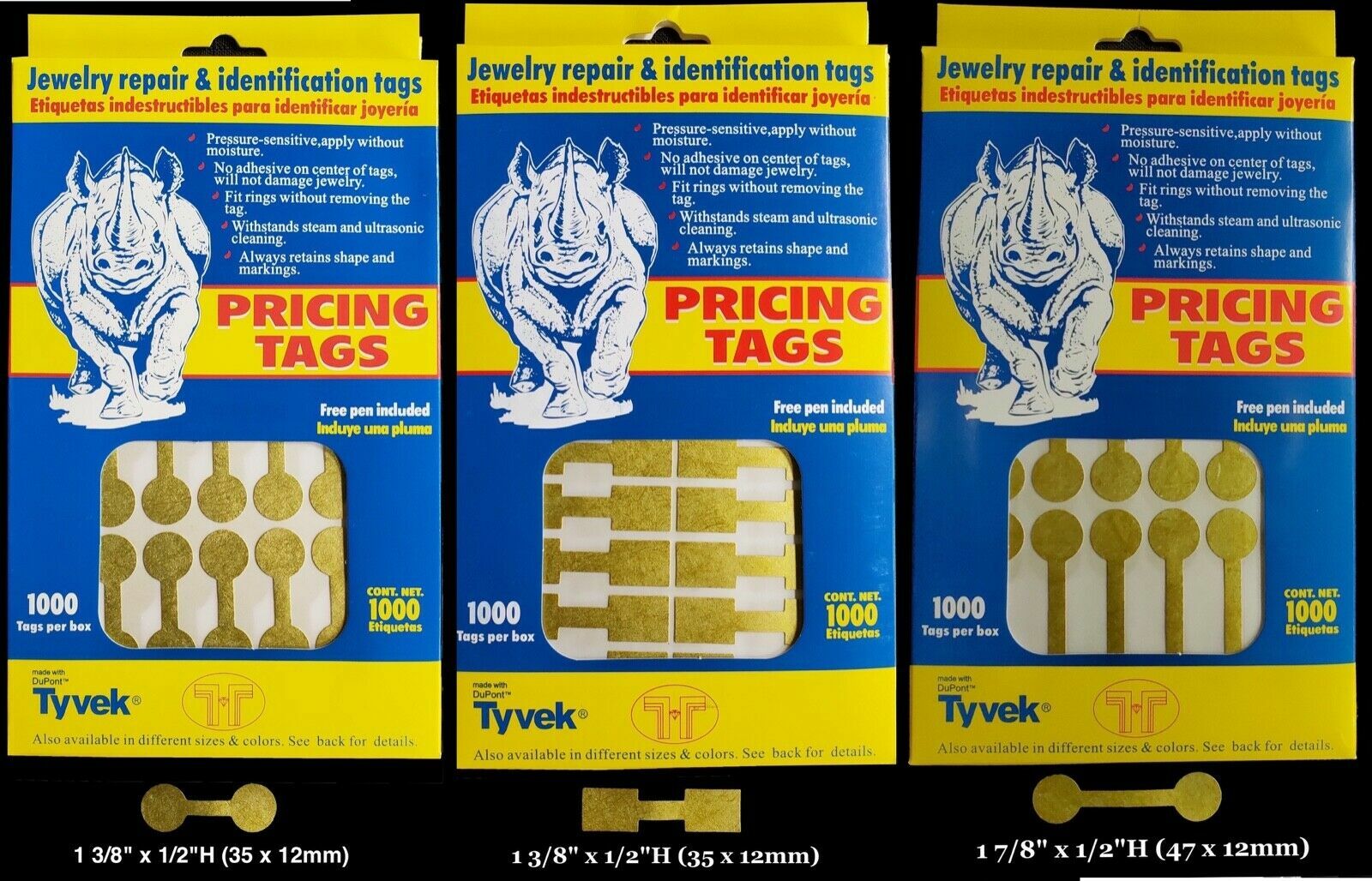 1000 Rhino Tyvek Gold Adhesive Dumbbell Jewelry Labeling Price Tags - 3 Styles