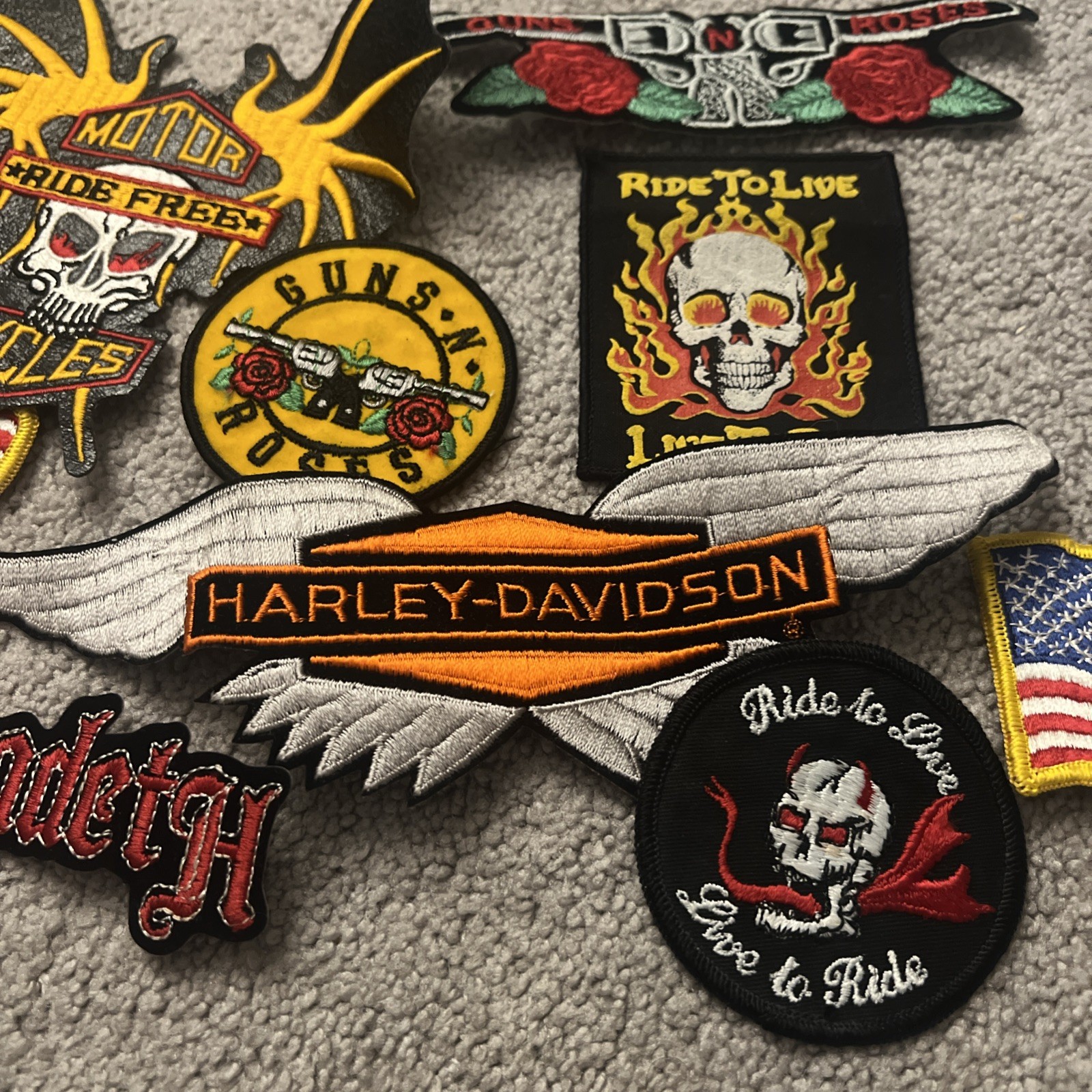 Vintage Lot Of 9 Motorcycle Patches Harley Davidson, Ride to Live, Guns N Roses