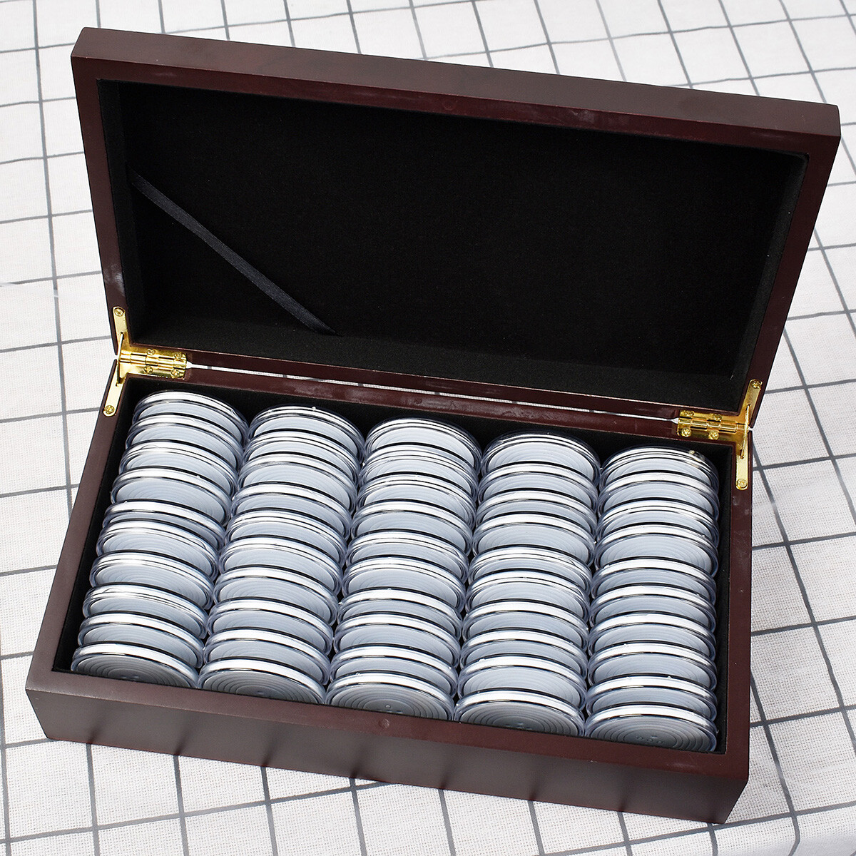 50 Pcs 46Mm Coin Capsule Case Gasket Holder Wooden Portable Storage Box Case