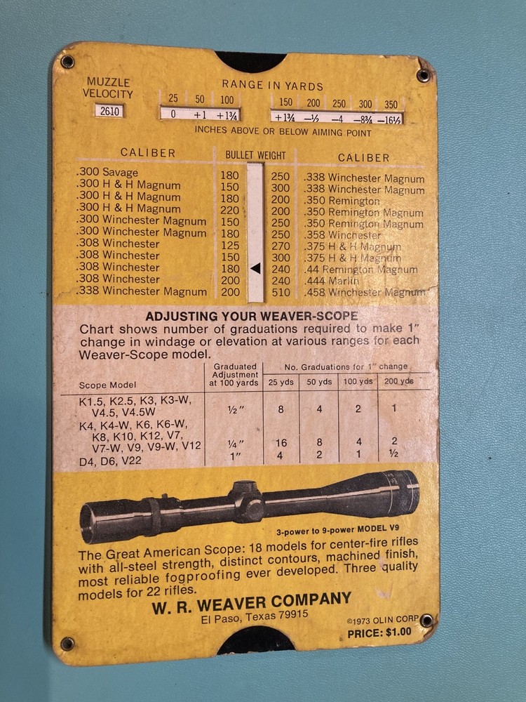 WEAVER SCOPE SIGHTING-IN GUIDE - slide rule style