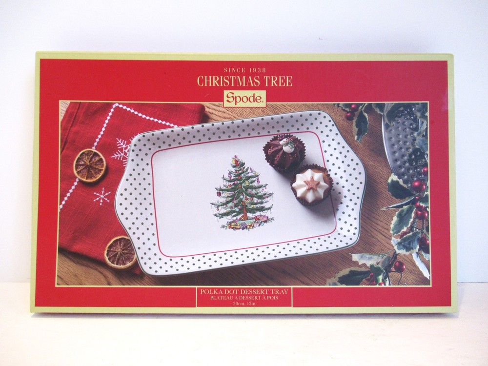 Spode Polka Dot Ceramic 12" Dessert Tray Christmas Tree Design Santa Rectangle