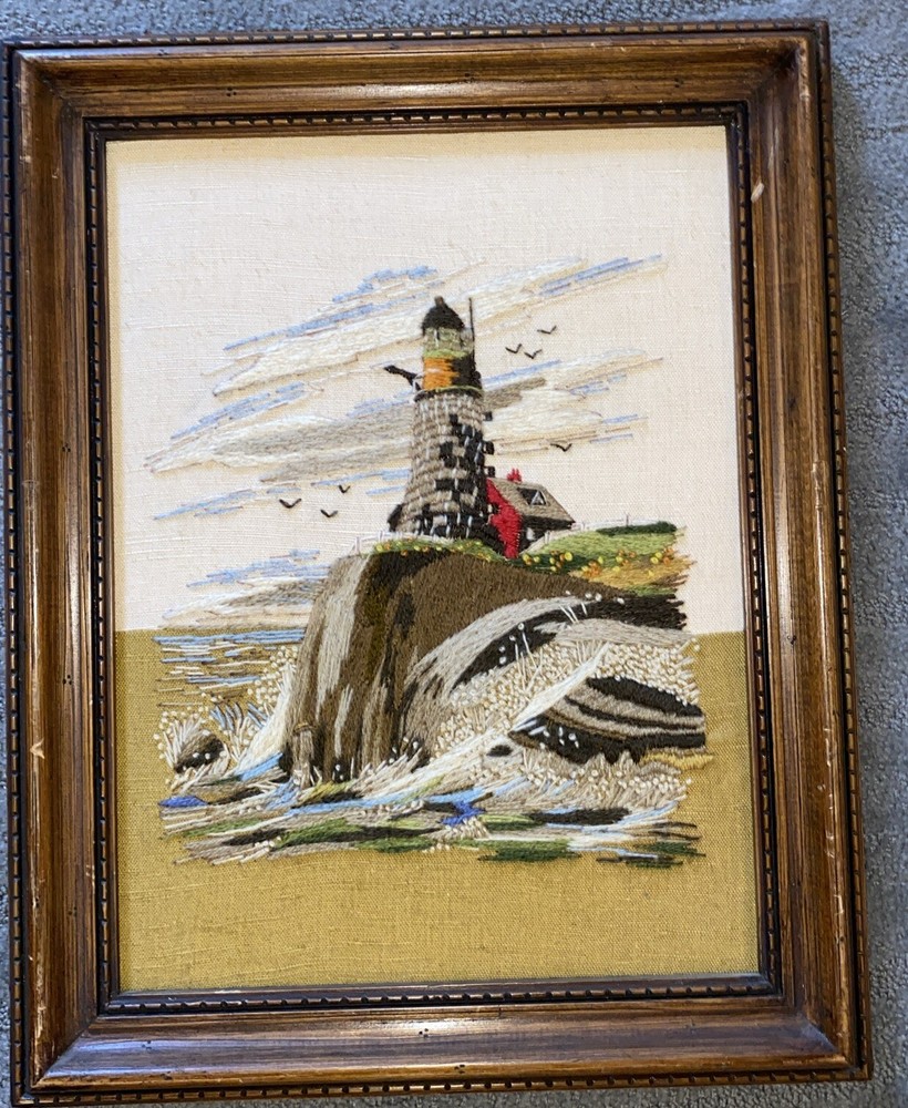 Vintage Lighthouse Needlepoint Framed MCM 19” X 15” Framed