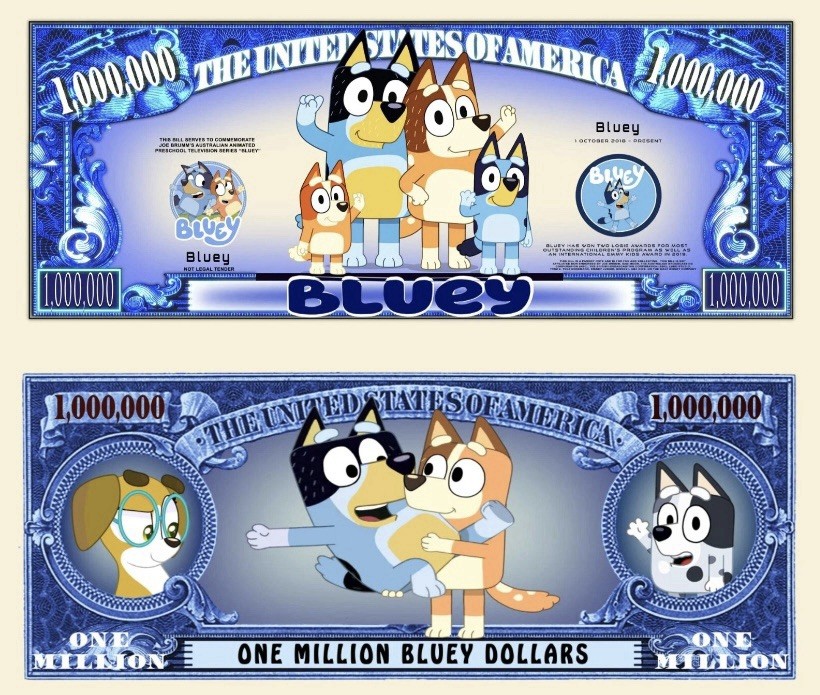 25 Pack Bluey Cartoon Animation Collectible 1 Million Dollar Bills Novelty Money