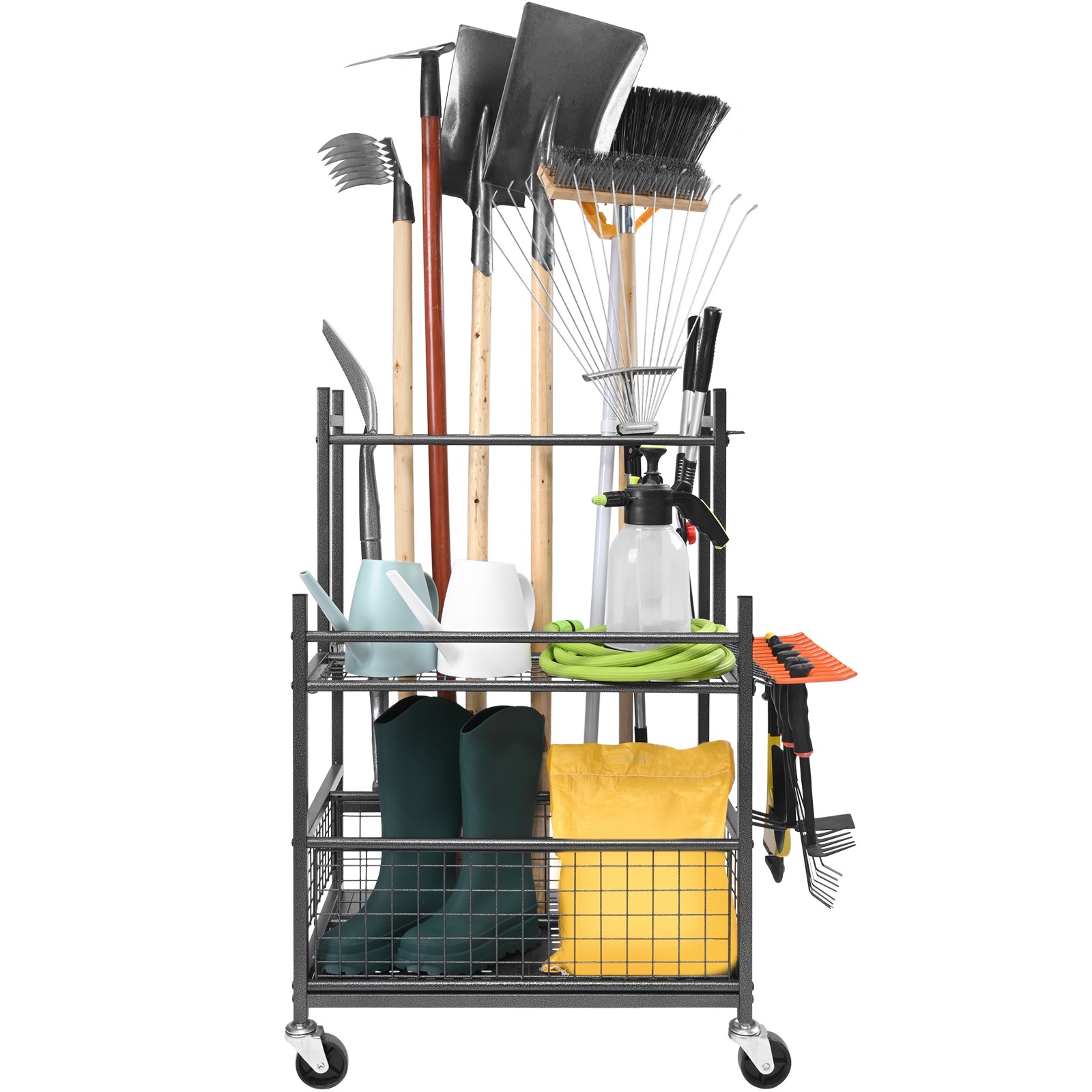 Garden Tool Storage Rack with Wheels Garage Organizer 16 Slots with Hooks