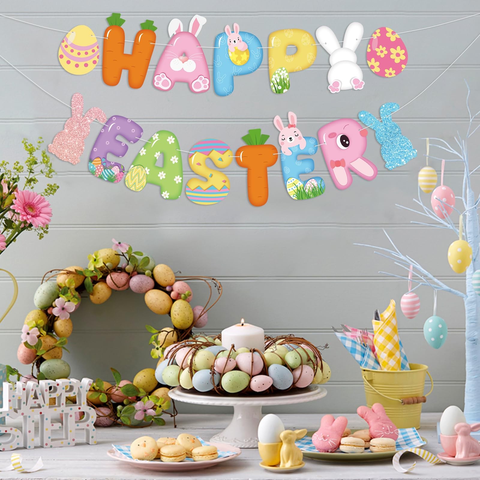 Happy Easter Banner Sign Bunny Eggs For Spring Party Outdoor Porch Decor Art