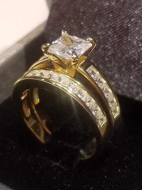 CLEARANCE Princess simulated Diamond Engagement Set Gold Plated Sterling Silver
