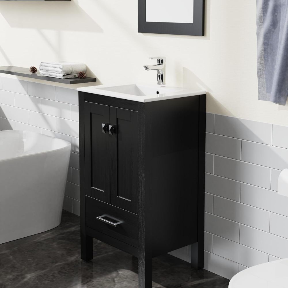Bathroom vanity with white countertop and ceramic basin