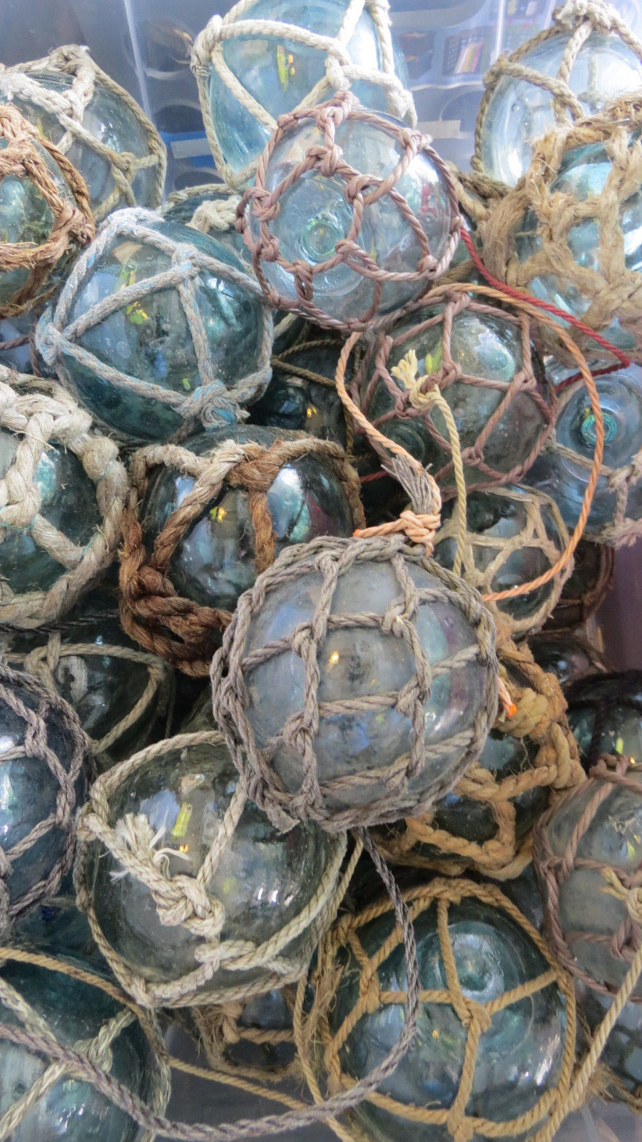 Japanese Glass Fishing FLOATS 3" Netted LOT-9 Net Buoy Authentic Vintage!