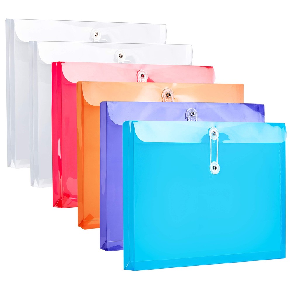 Plastic Letter Size Envelopes with Button & String Assorted Colors - 6 Pack