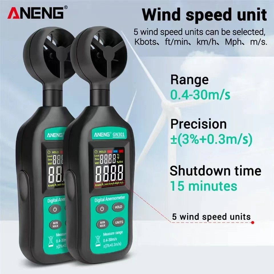 ANENG GN301 Digital Anemometer Wind Speed Meter Temperature LCD Backlight AU