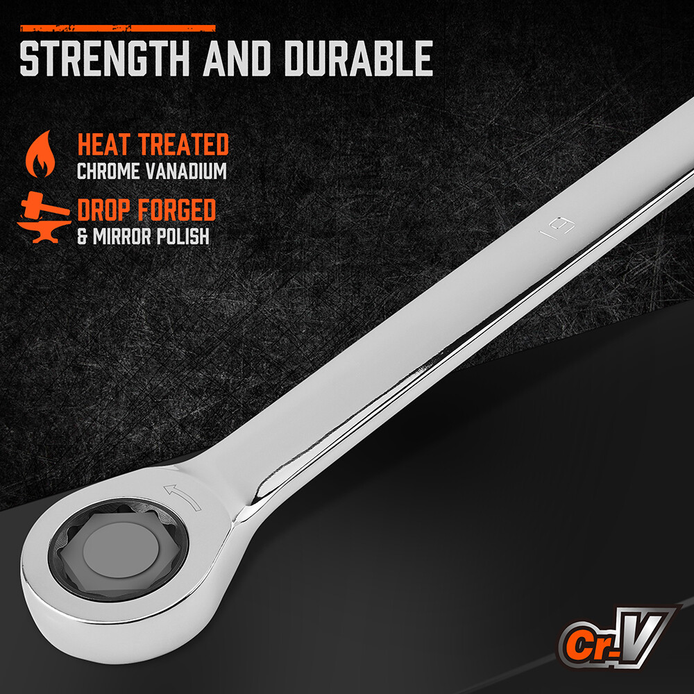 9PC Extra Long Ratcheting Wrench Set Anti-Slip Double Box Spanner Metric 8-22MM