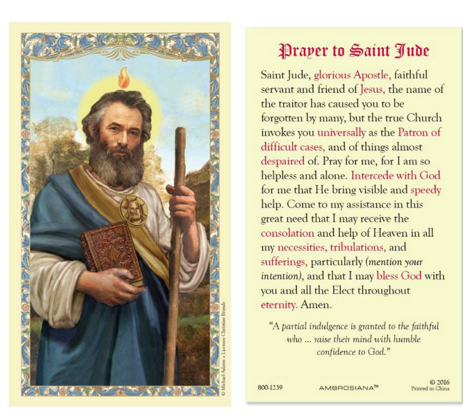 Laminated St. Jude Prayer Holy Card Patron of Hopeless Causes Catholic