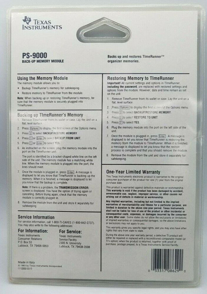 Texas Instruments PS-9000 Back-Up Memory Module For TimeRunner Organizers
