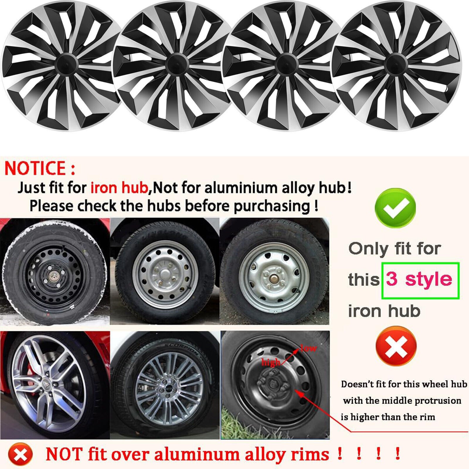 16" Set of 4 Snap On Full Hub Caps Wheel Covers Fit for R16 Tire & Steel Rim NEW