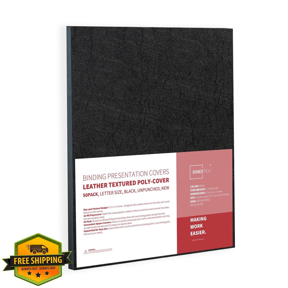 Binditek 50 Pack Leather Polycovers, 8.5x11" Black Presentation Binding Covers