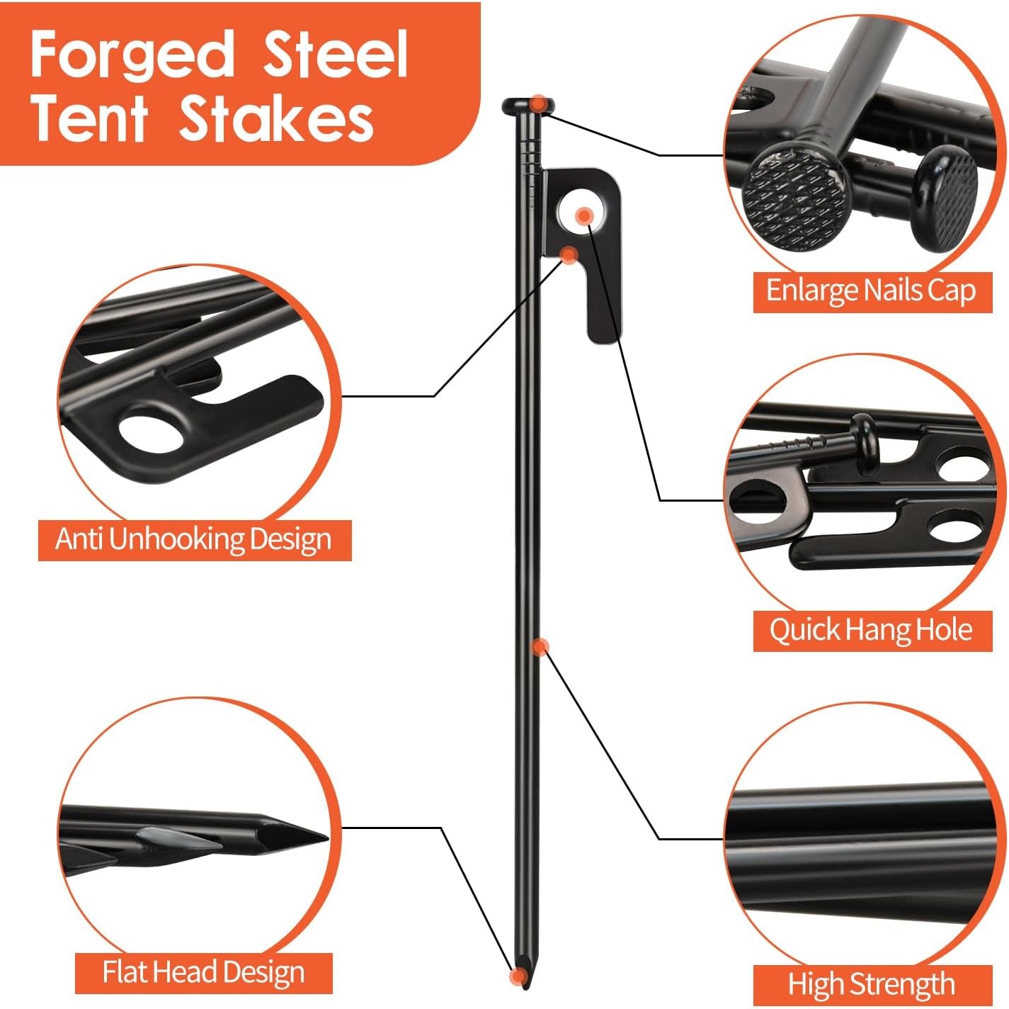 Camping 8/16/32 Pack 8in Heavy Duty Forged Steel Tent Stakes, with Storage Bag