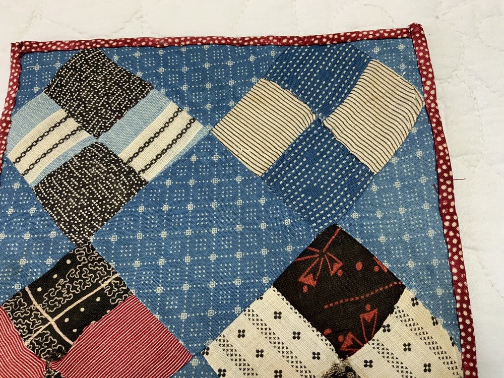 Vintage Antique Patchwork Quilt Table Topper, Four Patch, Blue, Multi