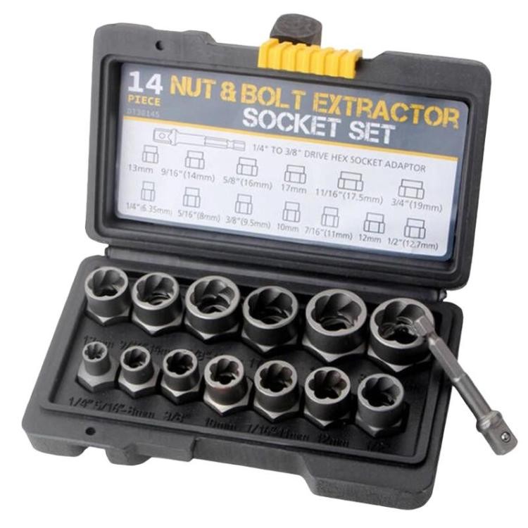 14-Piece Nut Extractor Set, Reverse-Thread Sockets for Bolt Removal, Multi-Size