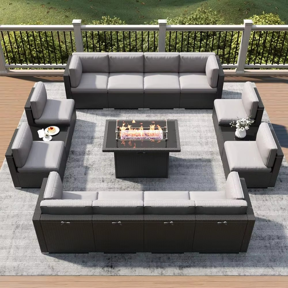 15pc Patio Furniture Set Rattan Wicker Sectional Sofa Fire Pit Table Outdoor