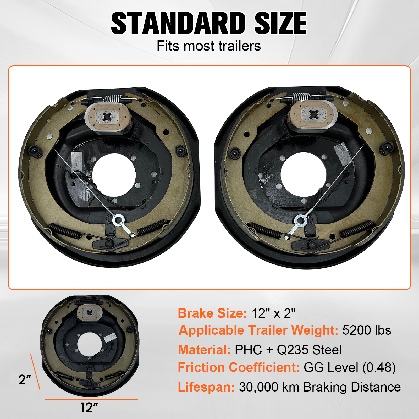 12"x2" Electric Trailer Brake 6-5.5" Hub Drum Kit For 5200 lb Axle