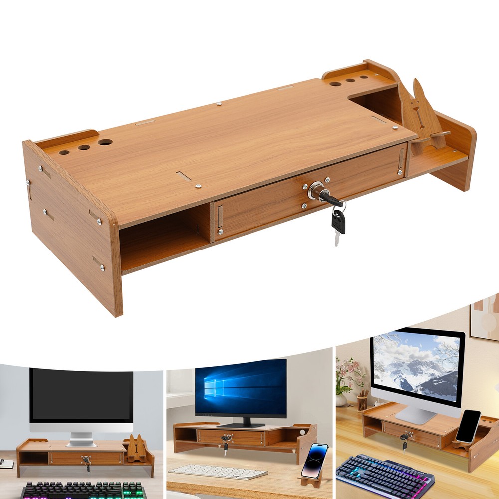 Monitor Stand Riser, Computer Laptop Riser Shelf with Lockable Organizer Drawers