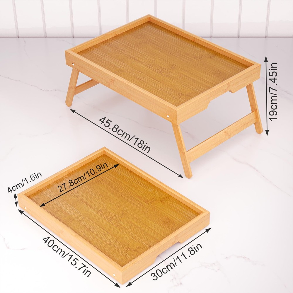 2 Pack Bamboo Bed Tray Table Folding Legs Breakfast Serving Laptop Trays