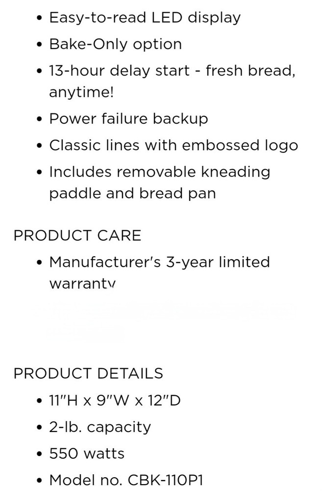 Cuisinart Compact Automatic 2lb Bread Maker CBK-110P1 - Bread Dough Cake Jam