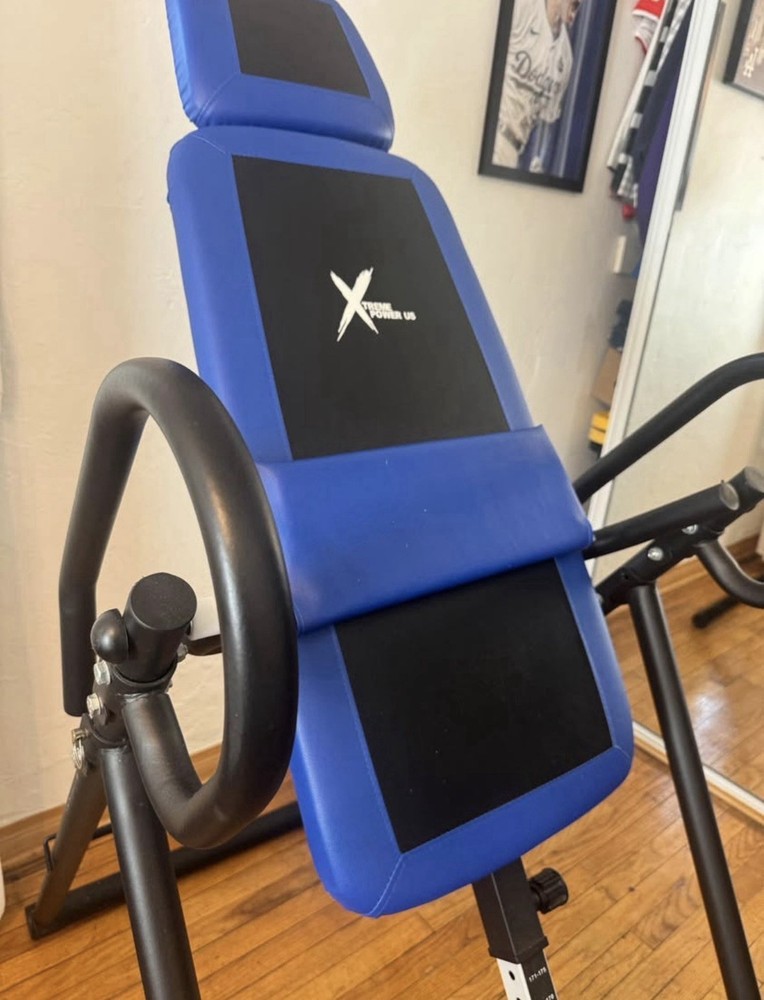X Power US Height-Adjustable Inversion Table Blue Black Padded Backrest