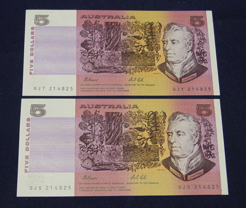 1991AUSTRALI $5 Fraser/Cole TWIN CONS PAIR Same serial Numbers Same Prefix 4note