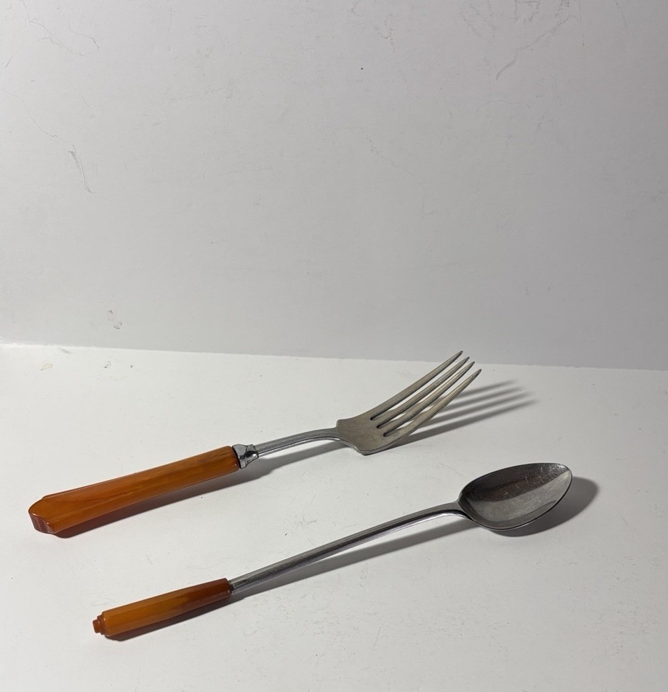 MCM Butterscotch Bakelite Handled Stainless Steel Dinner Fork & Dinner Spoon
