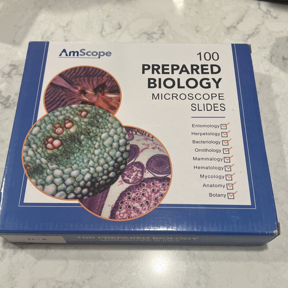 AmScope PS100D Prepared Biology Microscope Slides 100 Total Slides New