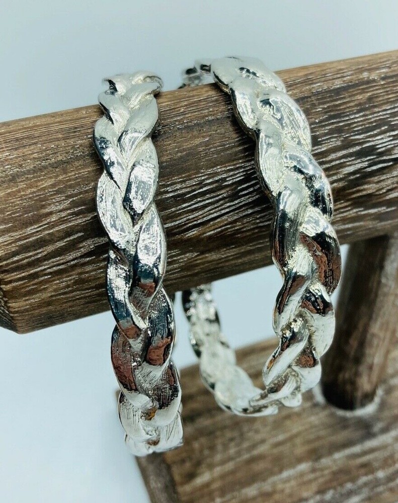 Two Braided Silver Tone Metal Bangle Bracelets