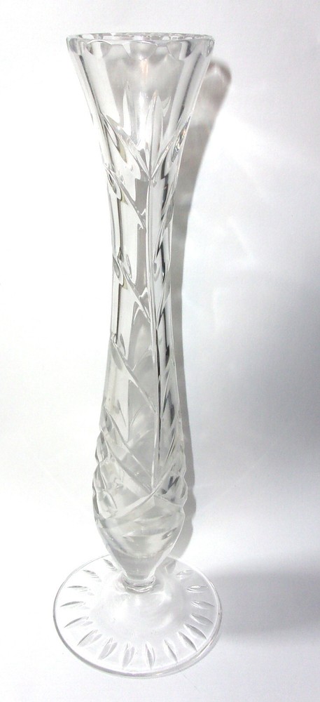 9.25" elegant clear pressed glass bud vase with flared rim & vining leaf pattern
