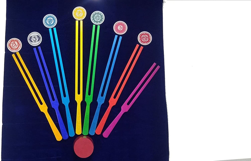 Color Chakra 8 Tuning Fork with Extra Large Handel + Activator + sign