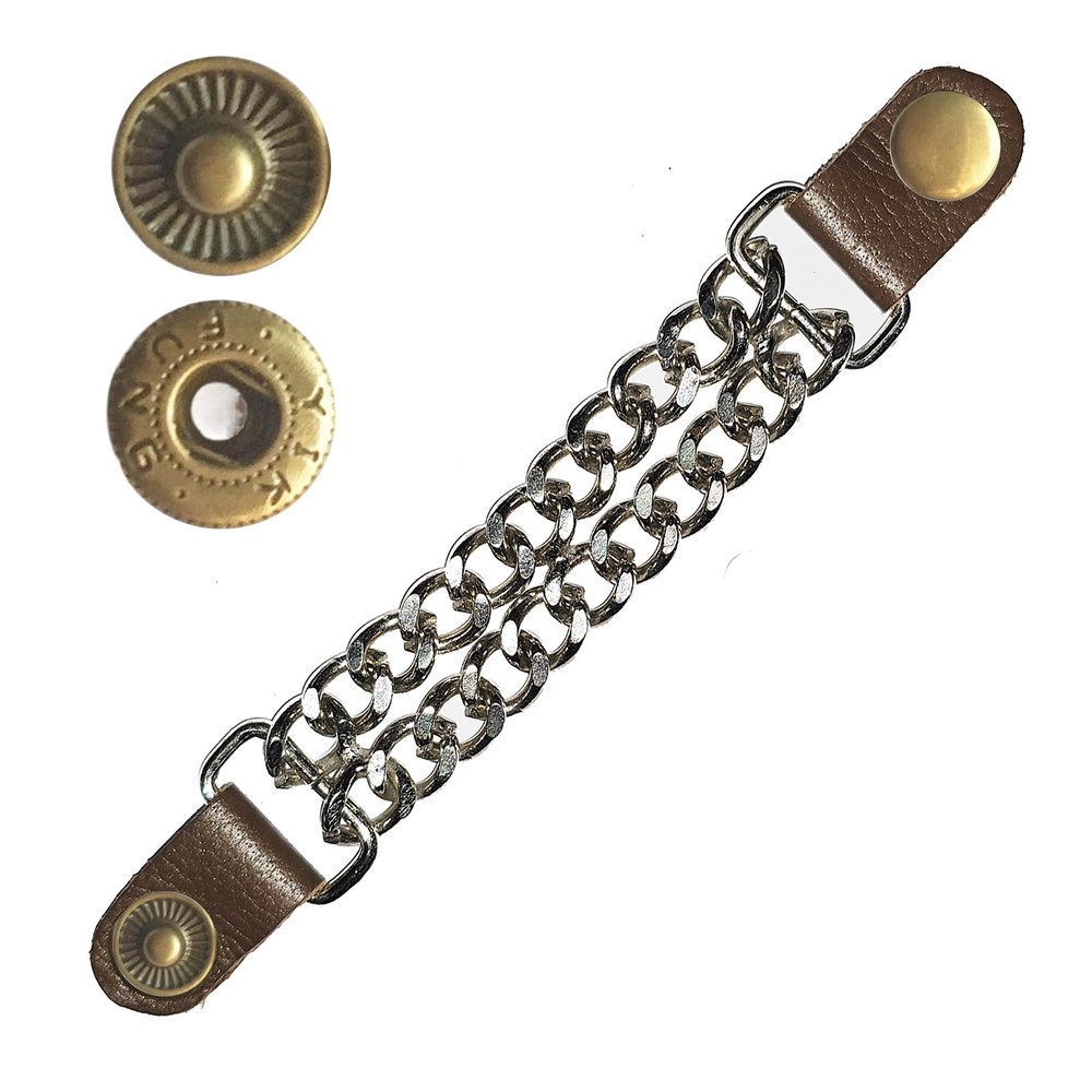 Classic Antique S-Spring Snap Button Brown Leather Silver Chain Vest Extender