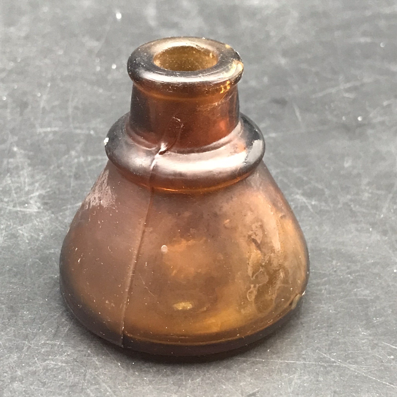 Antique Brown Cone Shaped Inkwell Pressed Glass Bottle 2 1/2" Tall