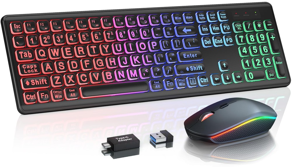 Wireless Keyboard and Mouse Combo - Large Print, RGB Backlit, Oversize Light