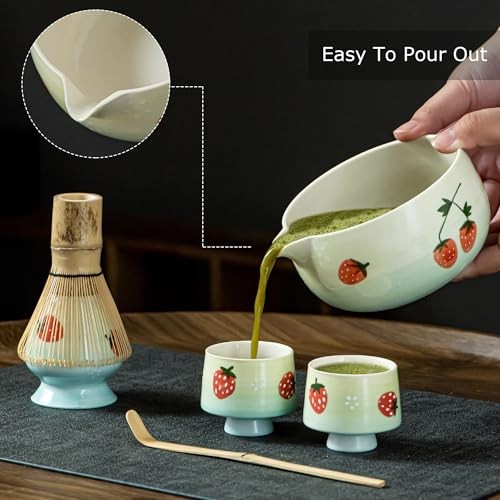 Matcha Whisk Set, Cute Mint Green And Blue Gradient With Strawberry Pattern